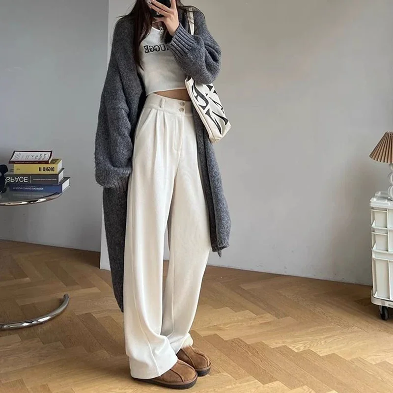 Pantalon de costume coréen en velours côtelé pour femmes, Baggy taille haute, jambes droites, classique de styliste, pantalon fin blanc