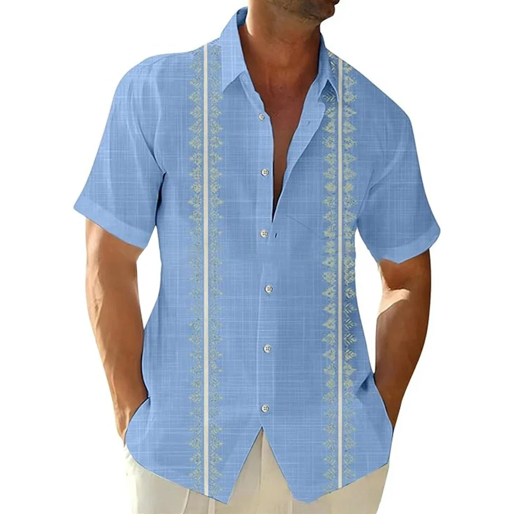 

Slight Stretch Men's Shirt Summer Tees Vacation Button Daily Fit Holiday Lapel Neck Male Regular Shirts Fashion