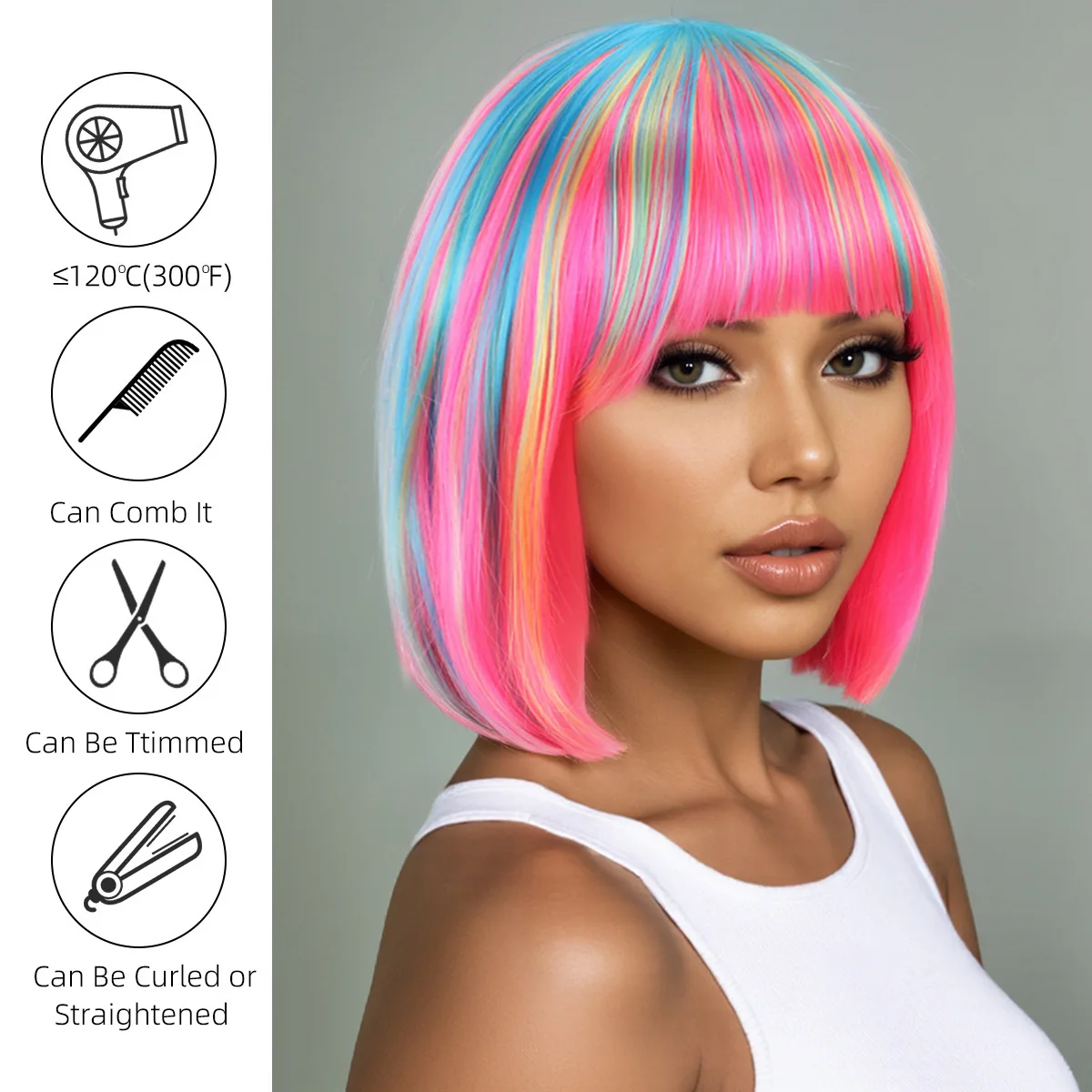 Rainbow multi-color synthetic wig for daily gatherings, parties, Halloween cosplay, bob hairstyle with side bangs, head cover image 2