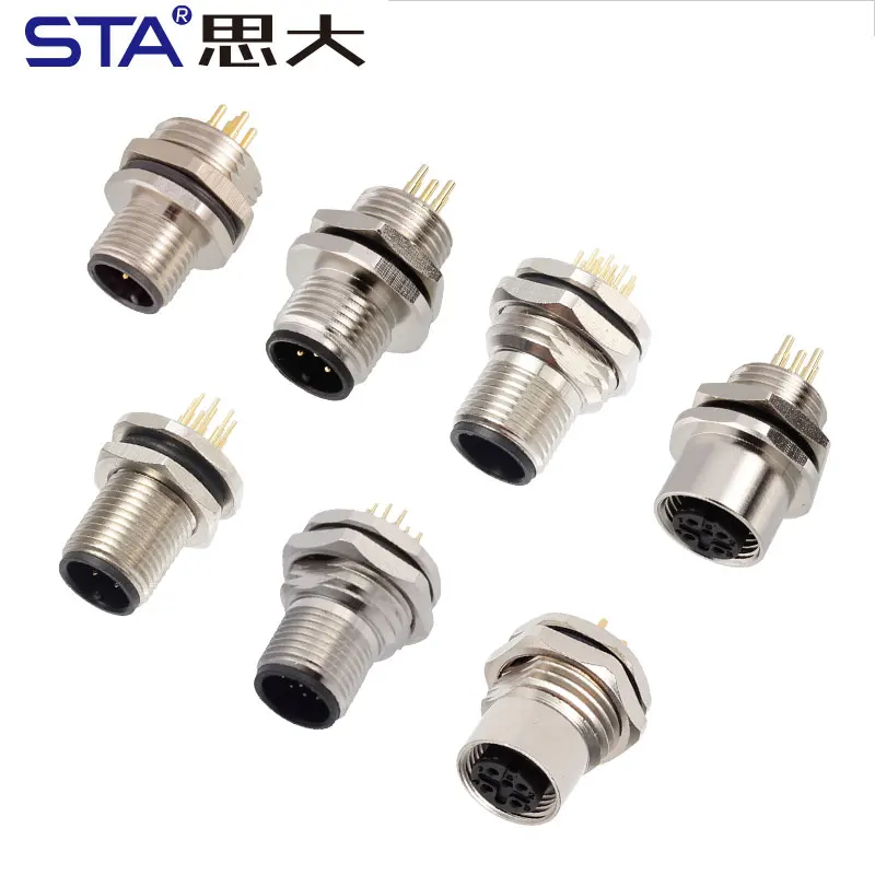 M12 Sensor Waterproof Circular Connector Panel Mount Bulkhead Installation Metal Male Female PCB Socket 2 3 4 5 6 8 12 17pin