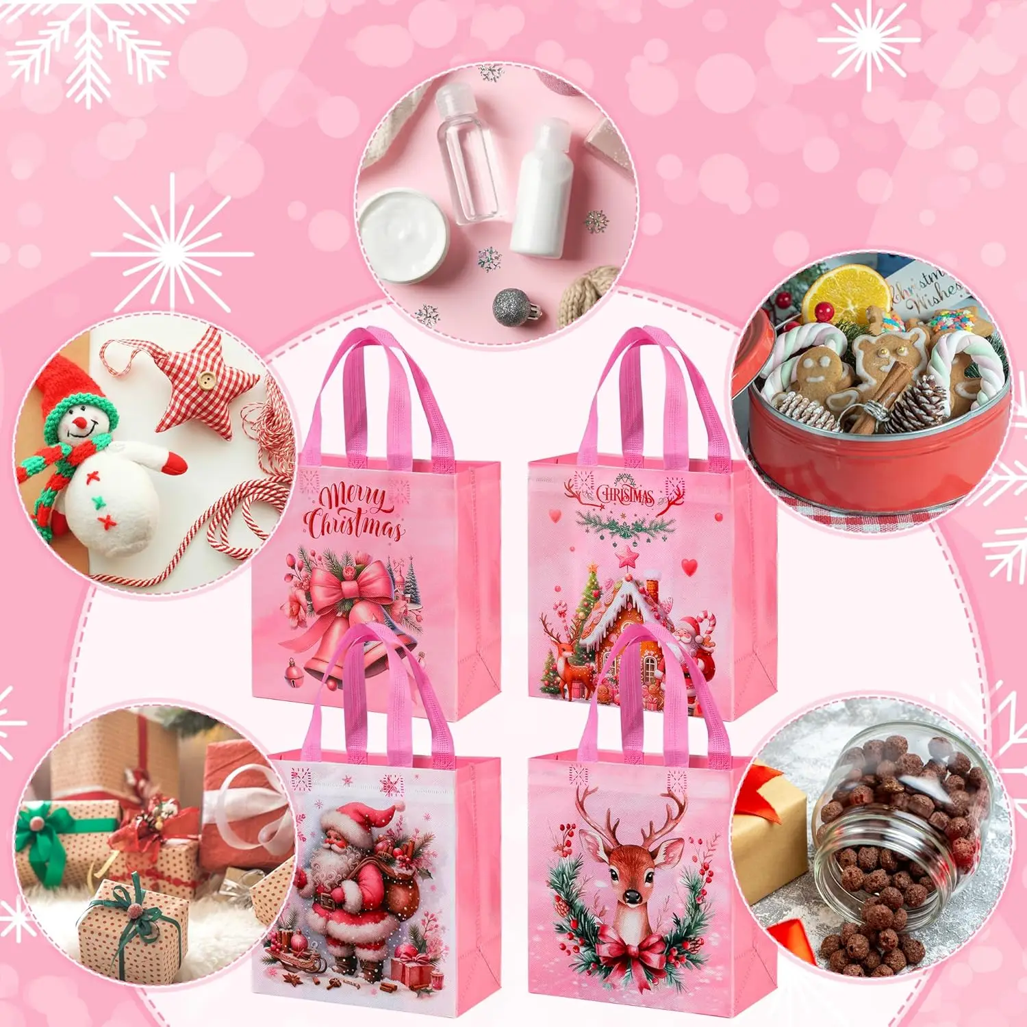 Non-Woven Christmas Gift Bags Reusable Christmas Treat Bag with Handle Santa Claus Reindeer Berries Pattern Party Favor Tote Bag