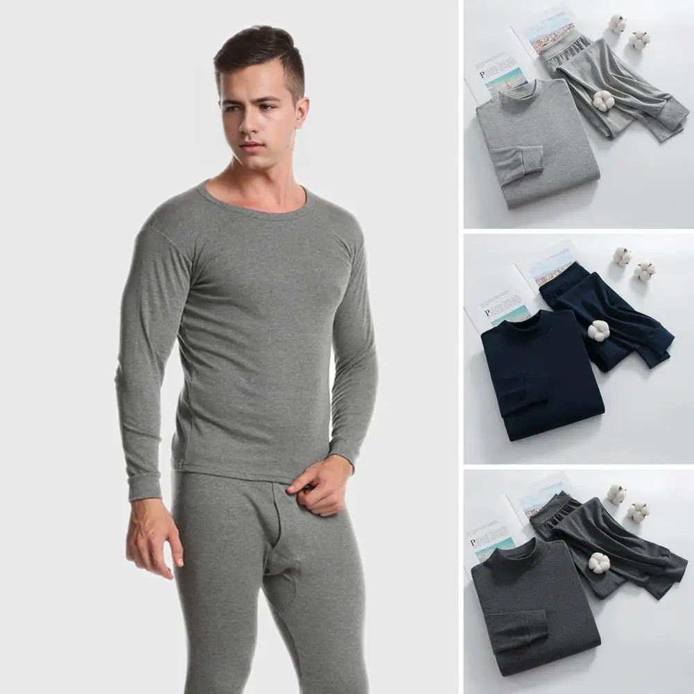 

2Pcs Men Homewear Suit O-Neck Long Sleeve Tops Elastic Waist Long Pants Set Solid Color Thin Men Pajamas Set Loungewear