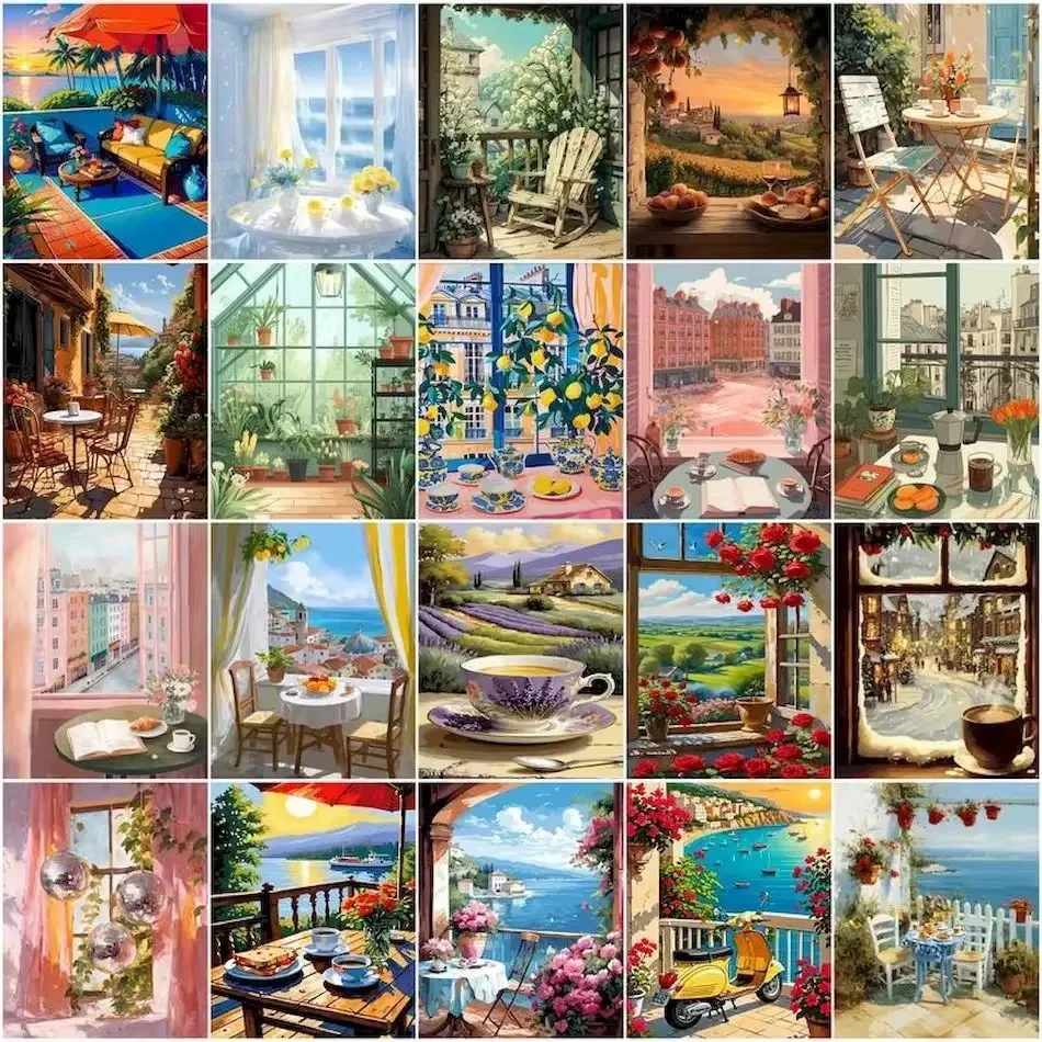 Diamond Painting Balcony window Landscape Diamond Mosaic Handmade Art Exquisite Creative Gift Home Decoration
