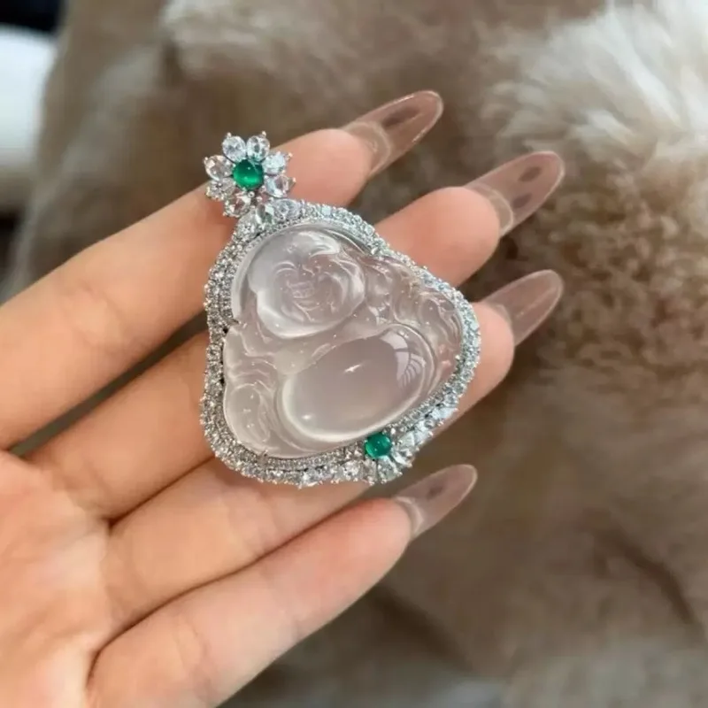New Chinese-style natural agate chalcedony pendant for women, Maitreya , Laughing Buddha necklace, big-bel