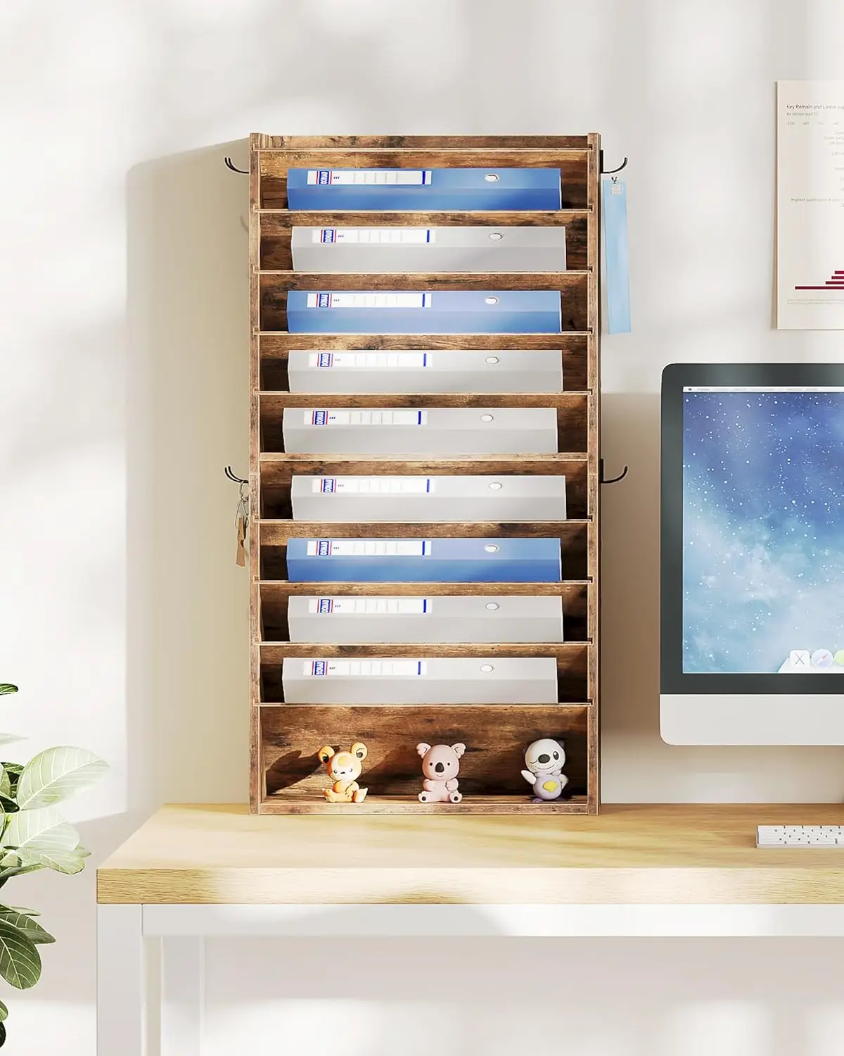 10-Tier Wall Mount File Organizer with Removable Shelves and Side Hooks, Rustic Brown Wooden Office Storage