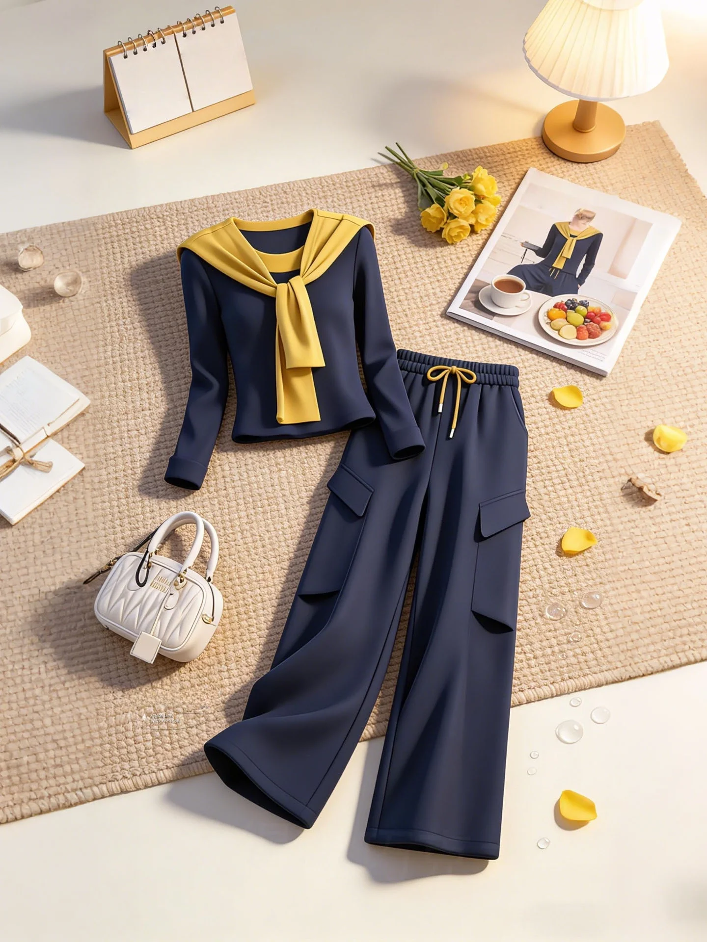 

Модный комплект из двух предметов: топ с цветными блоками и шарфом, брюки с высокой талией и широкими штанинами для женщин, весна-осень, дышащий, удобный, повседневный.