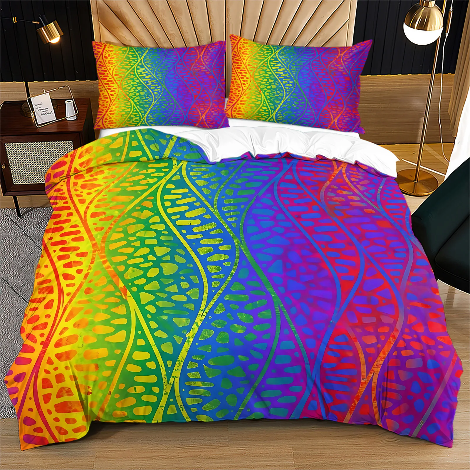 Colorful Rainbow Gradient Abstract Wavy Geometric Duvet Cover Set Boho Ethnic Texture Printed Bedding Soft Polyester Quilt Cover