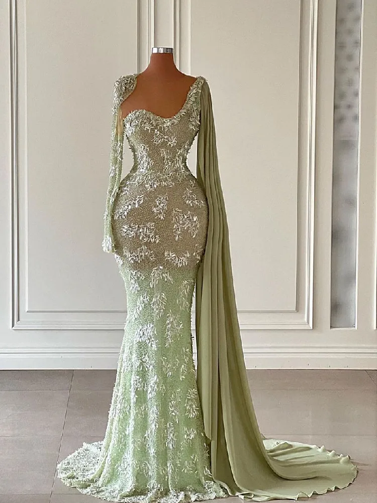 

Elegant Mermaid Evening Dresses V Neck Long Sleeves Sequins Beaded Satin Cape 3D Lace Appliques Zipper Prom Dresses Custom Made