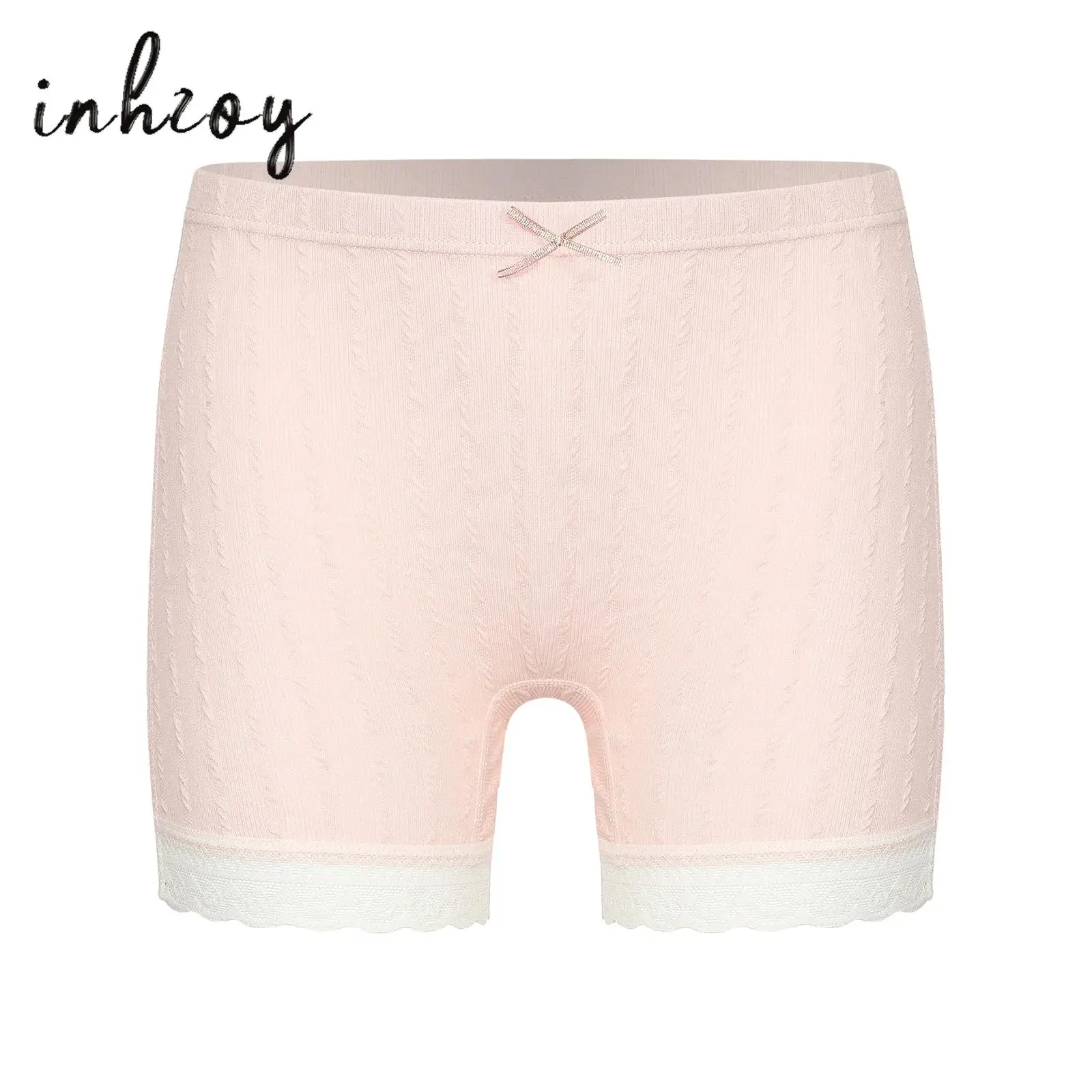 

Kids Girls Ribbed Shorts Underwear Elastic Waistband Solid Color Bowknot Lace Trim Panties Children's Safety Shorts for Ballet