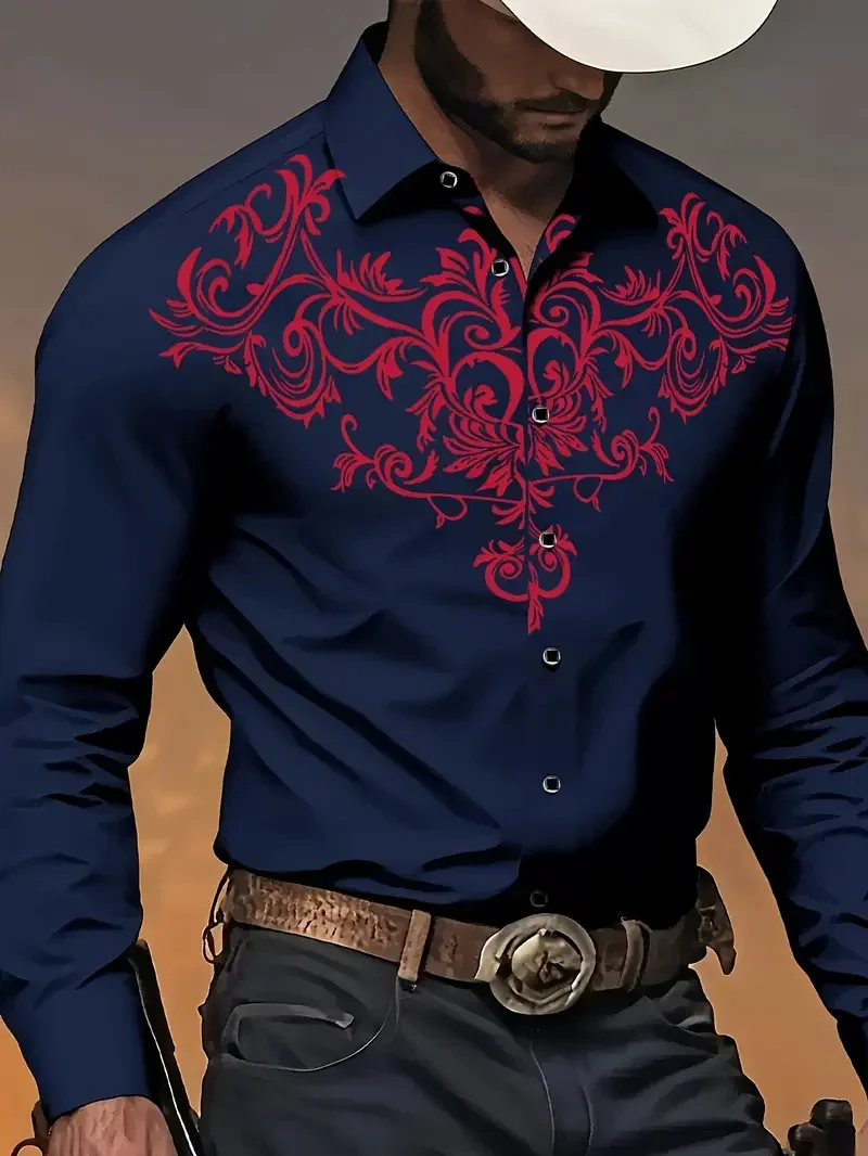 زهور كبيرة مجعد العشب الطباعة الطبيعية الباروك الرجال قميص فاخر عادية زر احتفالي مريح كم طويل زي #6