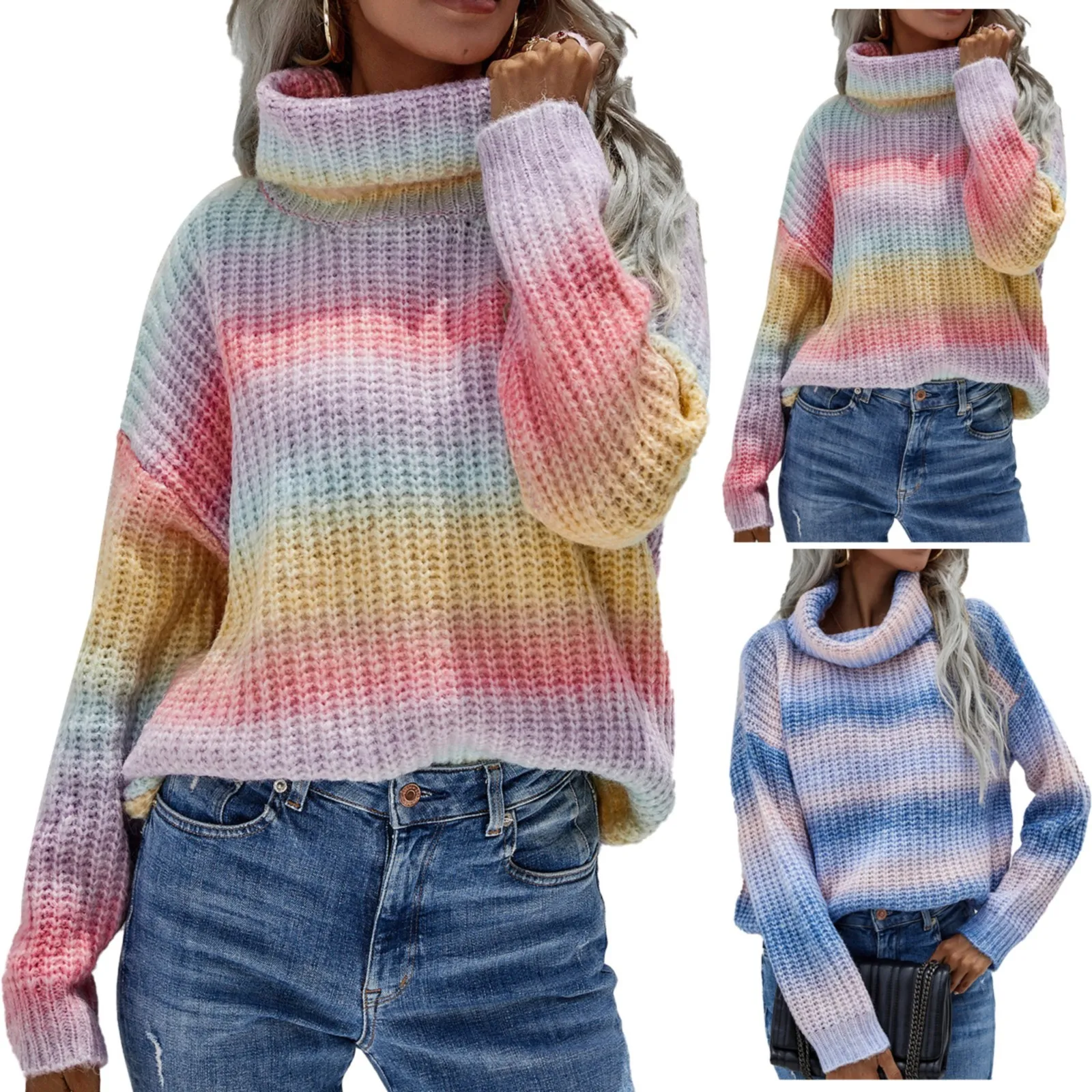 Ladies Turtleneck Long Sleeve Pullover Knit Rainbow Sweater Fashion Loose Tops