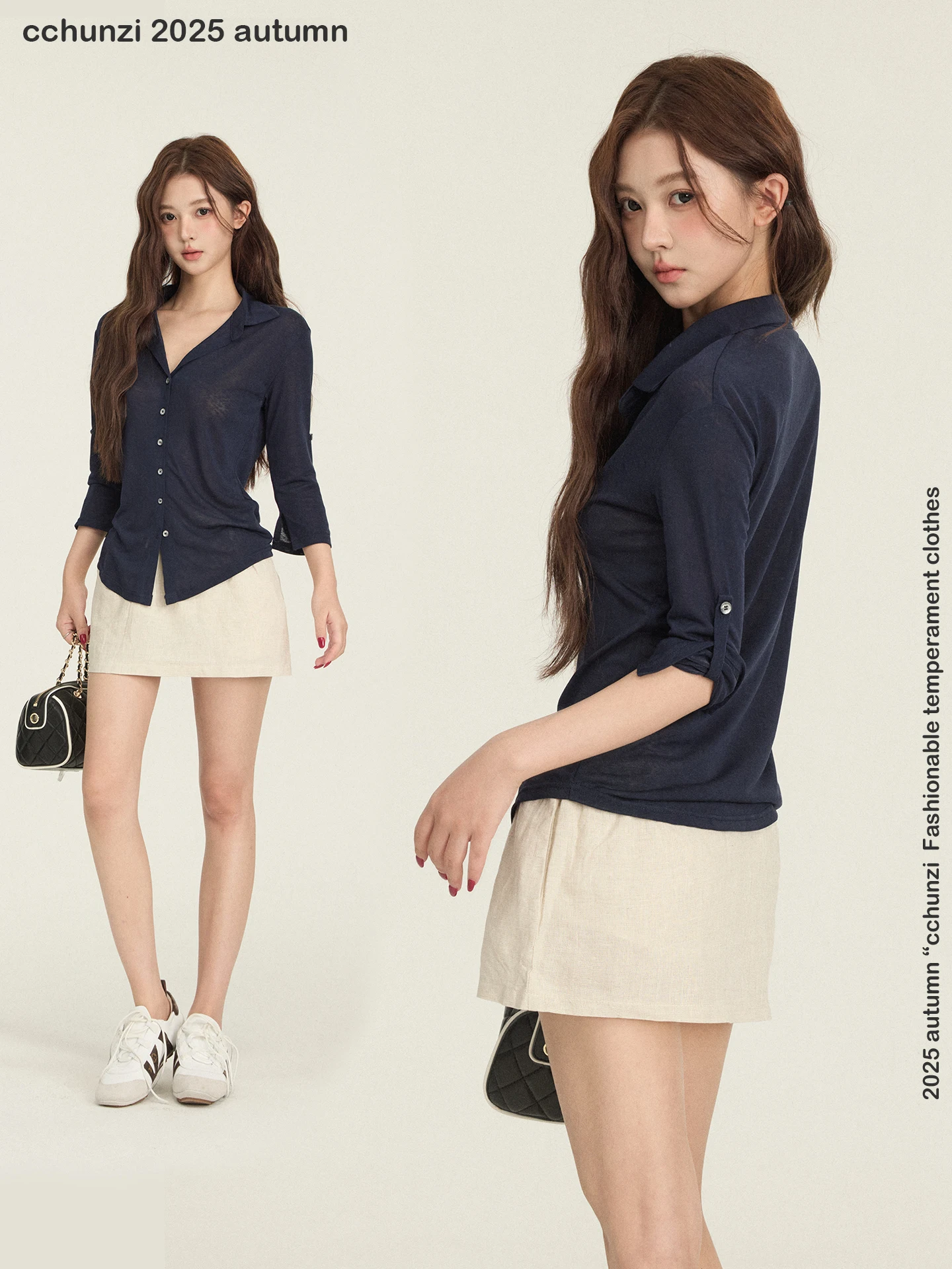 

BULENG Silk irt Women's Loose Fit Long Sve Ne Pure Color Sun Protection Early Autumn Slimming Waist Tuing