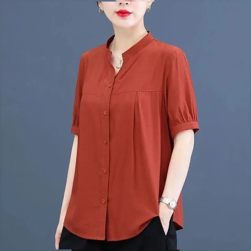 Oversize Solid Color Women\'s Clothing 2023 Summer POLO Collar Casual Tops Women Stand Collar Loose Single Breasted Chiffon Shirt