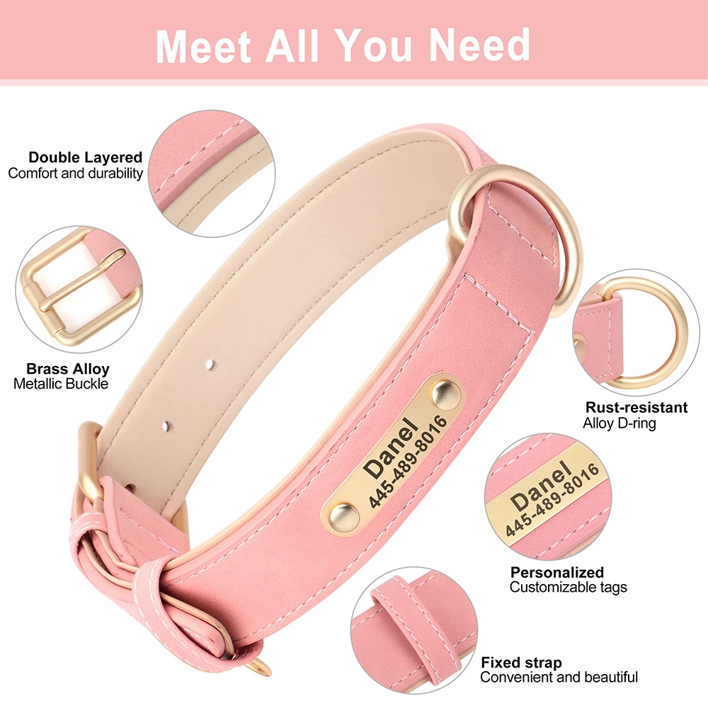 Custom PU Leather Dog Collar Leash Set Personalized Dog Collars Free Engraved Nameplate for Small Medium Dogs Pitbull Labrador