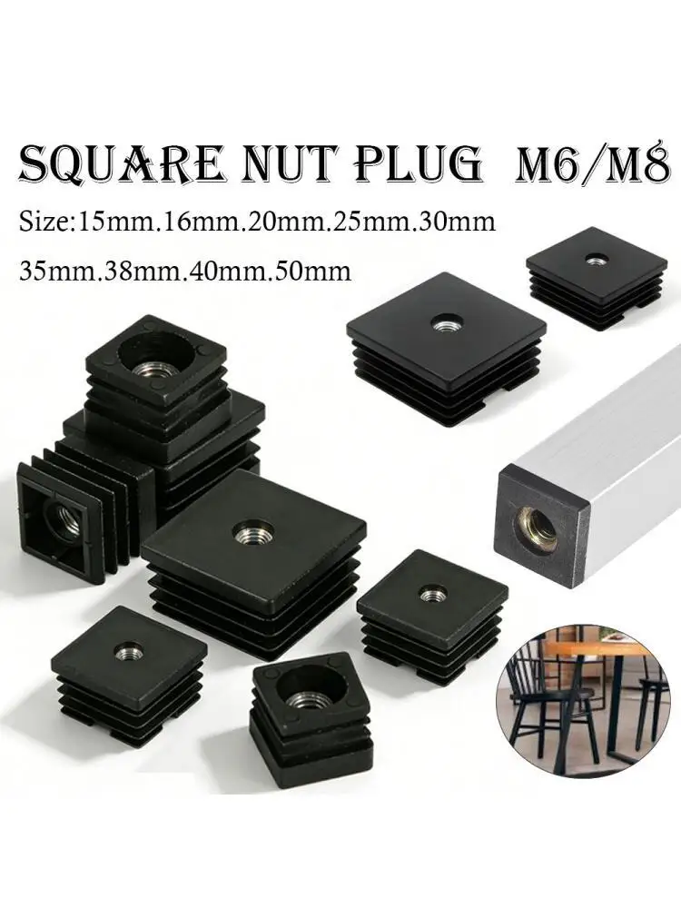 4-20pcs Plastic Square Pipe Plugs with M6 M8 Nut Hole, Blanking End Caps for Tube Furniture Leg Feet, Cover Inserts M6 M8