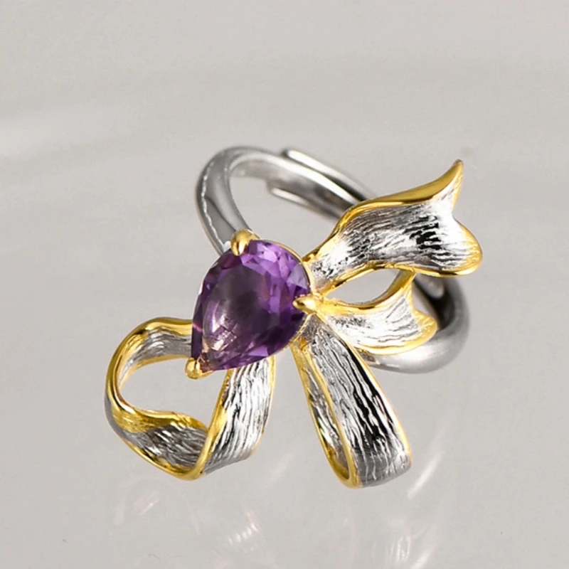 S925 Sterling Silver Rings for Women Men New Fashion Bow Knot Inlaid Natural Waterdrop Shaped Amethyst Jewelry Free Shipping