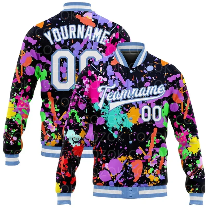 

Custom Multicolor 3D Printed Baseball Button Jacket Bomber Full-Snap Varsity Letterman Jacket