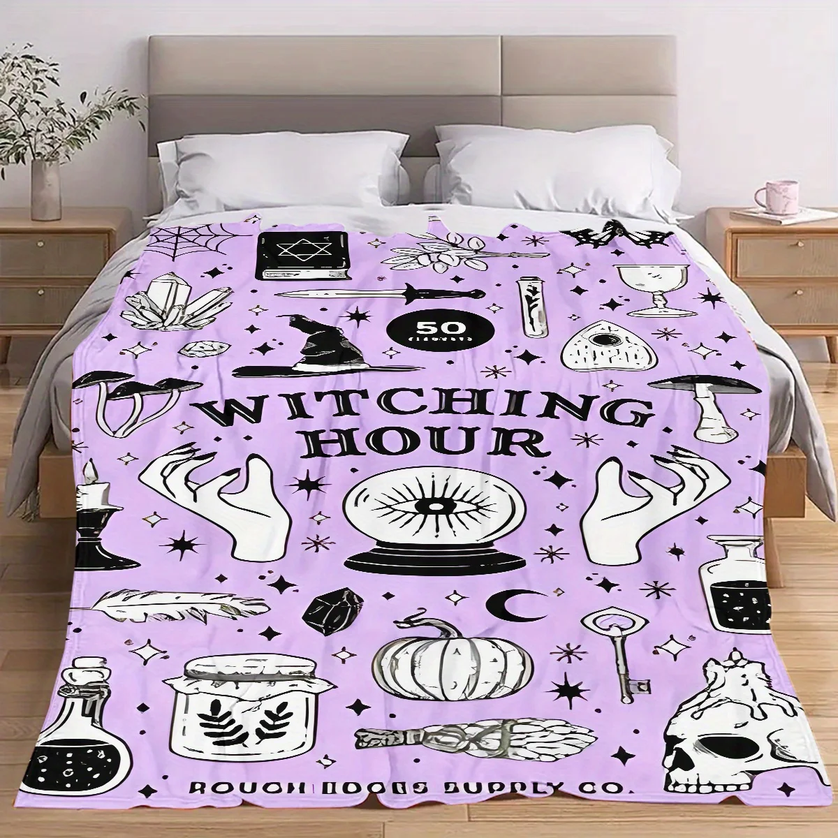 Witching Hour 50th Anniversary Celebration Flannel Blanket , Lightweight, Warm, Black & White Witch-Themed Design with Cauldron