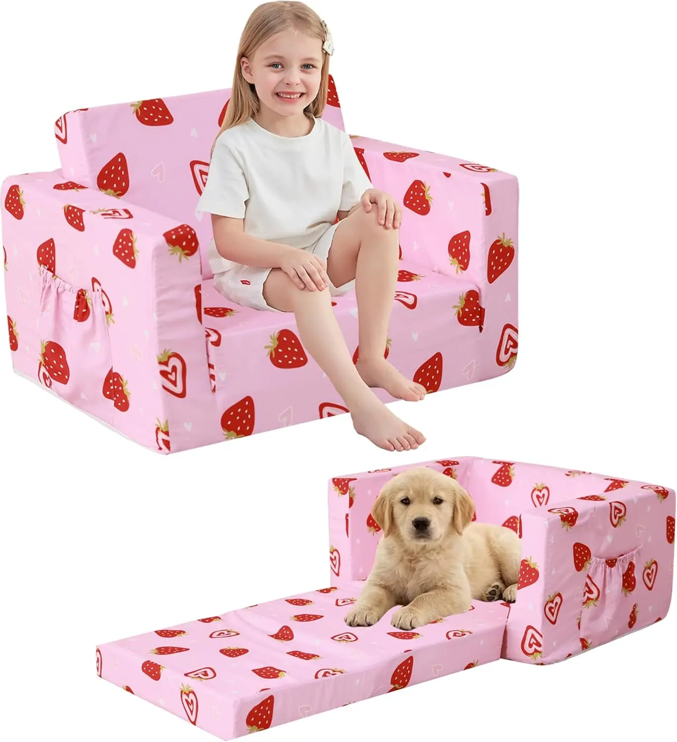 

2-in-1 Kids Couch Bed, Fold Out Toddler Sofa, Comfy Lounge for Boys & Girls, Pink Strawberry