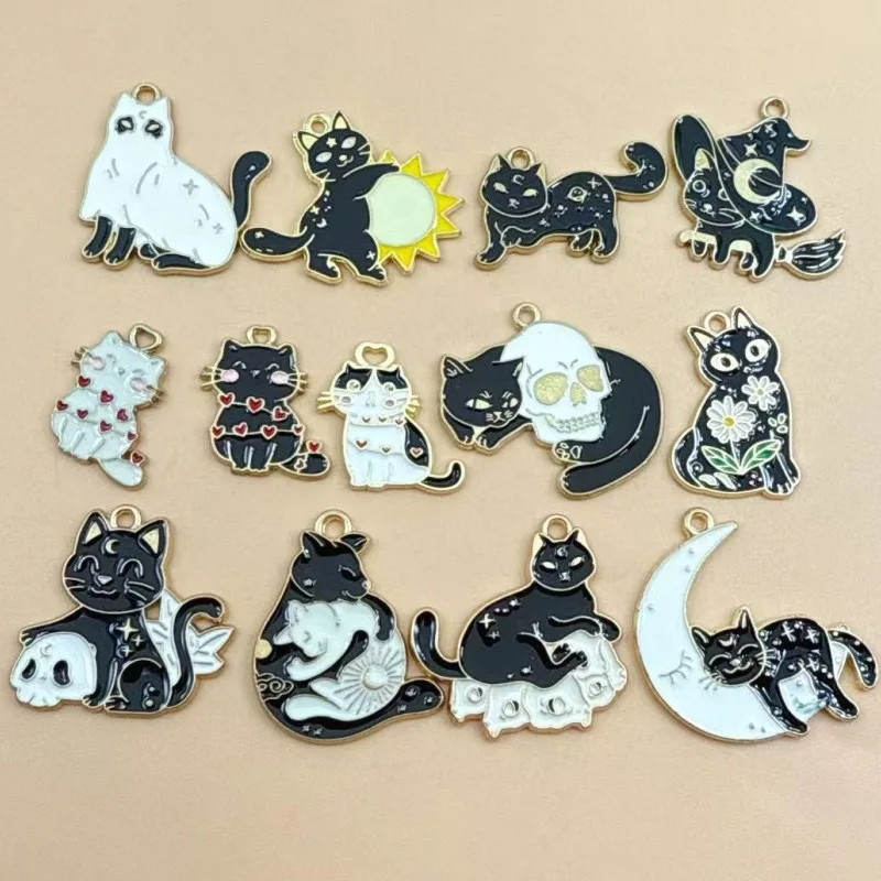 10pcs Gothic style Skeleton Cat Black and White Moon Cat Alloy Drip Oil Jewelry
