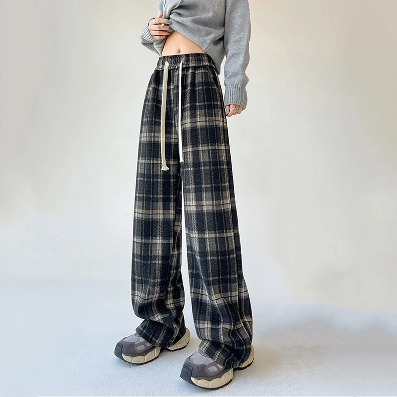 Vintage High Waist Wool Plaid Wide Leg Pants for Women, Autumn Winter Casual Fleece Straight Pants, Full Length Capris