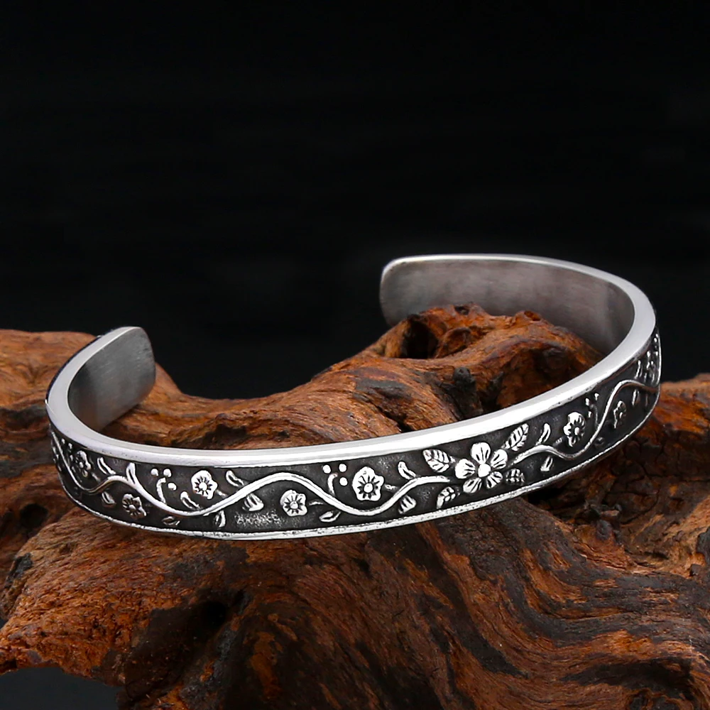 Vintage Flower Vine Open Stainless Steel Cuff Bangle For Men Women Floral Totem Wrist Bracelet Retro Fashion Charm Jewelry Gifts