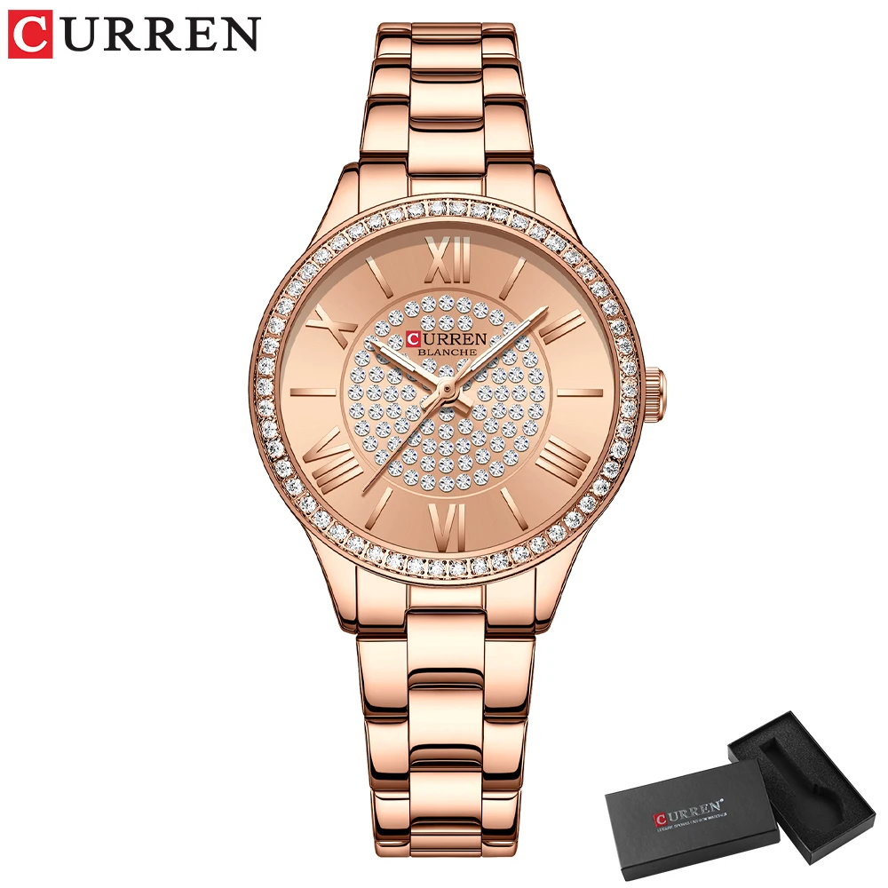 Curren Luxus Strass Rose Zifferblatt Mode Uhren mit Edelstahl band neue Quarz Armbanduhren für Frauen 8