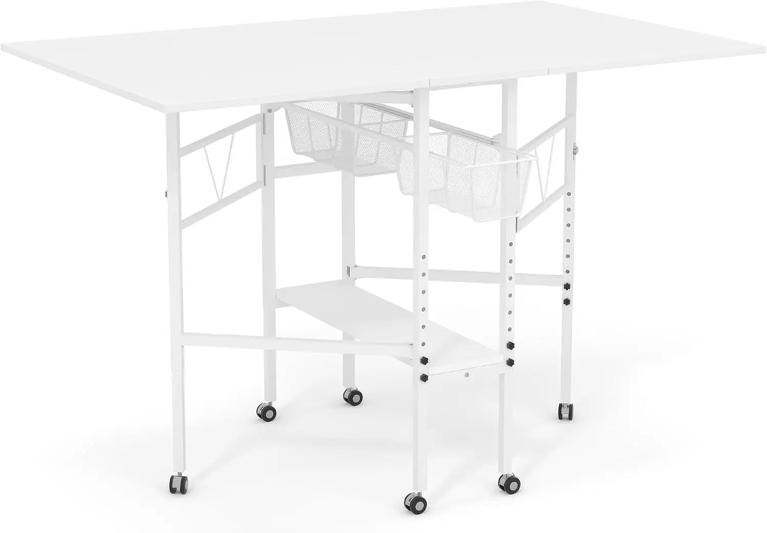 Folding Adjustable Height Sewing Craft Table with Drawers, White | Rolling Cutting Desk with Storage Drawers & Wheels