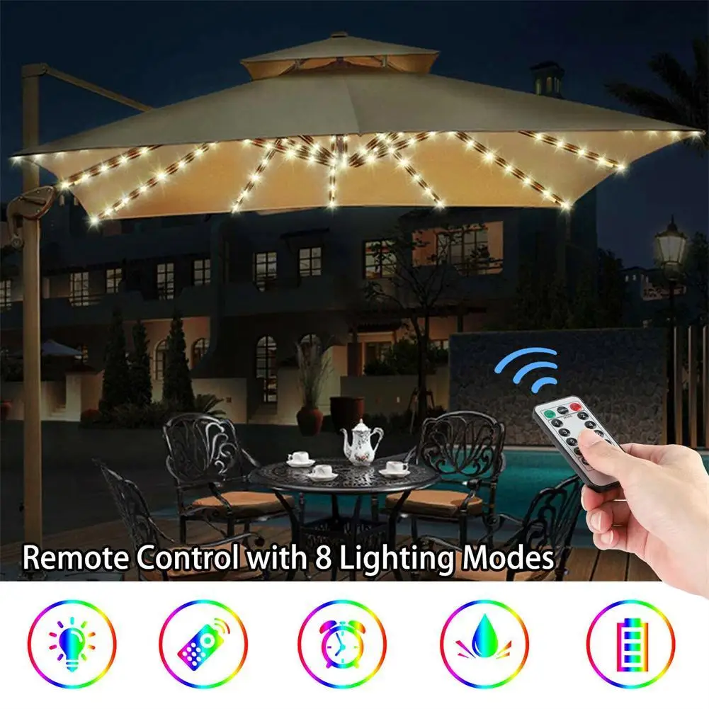 Guirxiété Lumineuse pour Parapluies d'Extérieur, 104 LED, Étanche, Couleurs, avec Télécommande, pour Ombre, Décoration de Jardin et de Plage