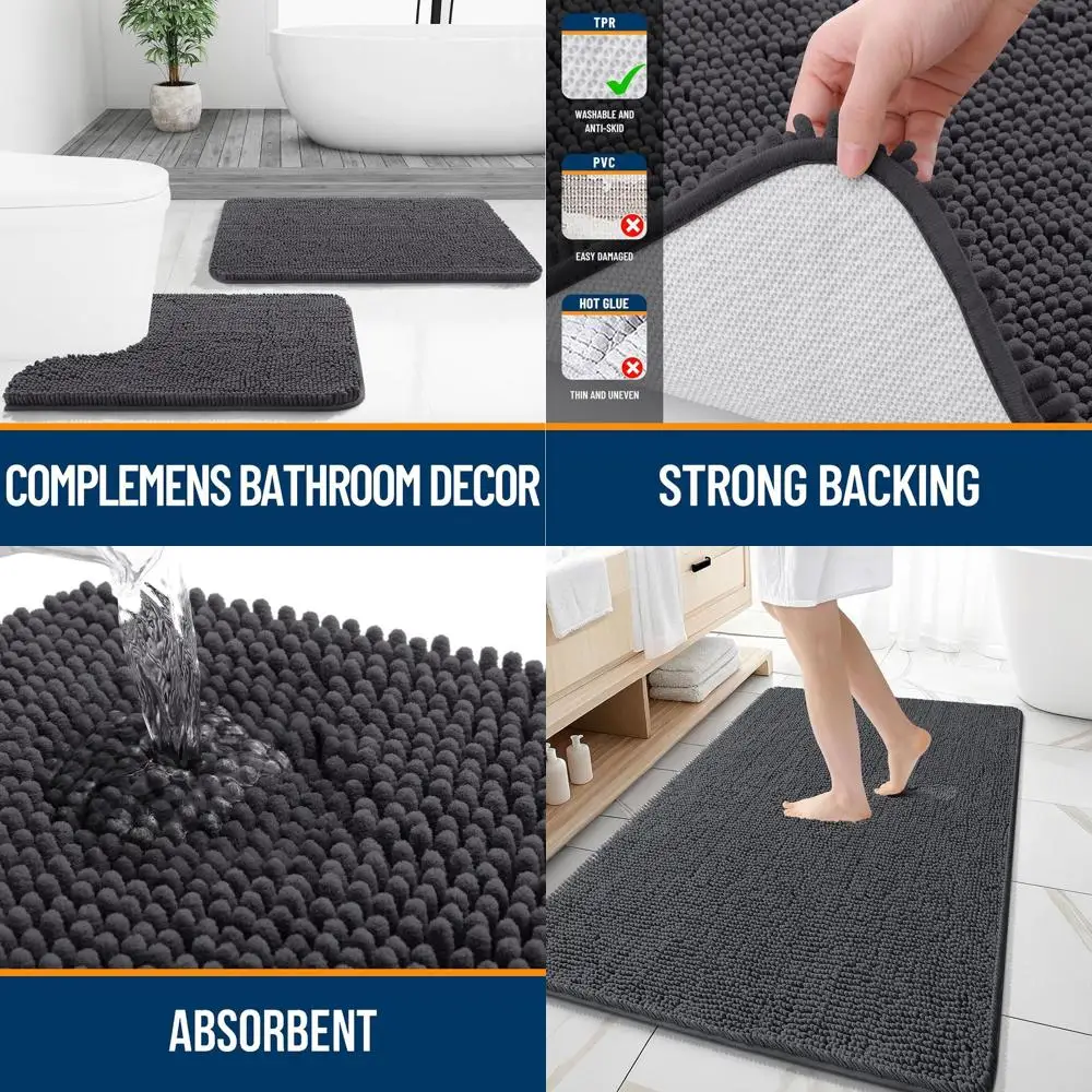 

Роскошные мягкие коврики для ванной из шенилла 59x35 см с резиновой подложкой для быстрого высыхания, машинная стирка, для ванной комнаты, душа, темно-серый цвет