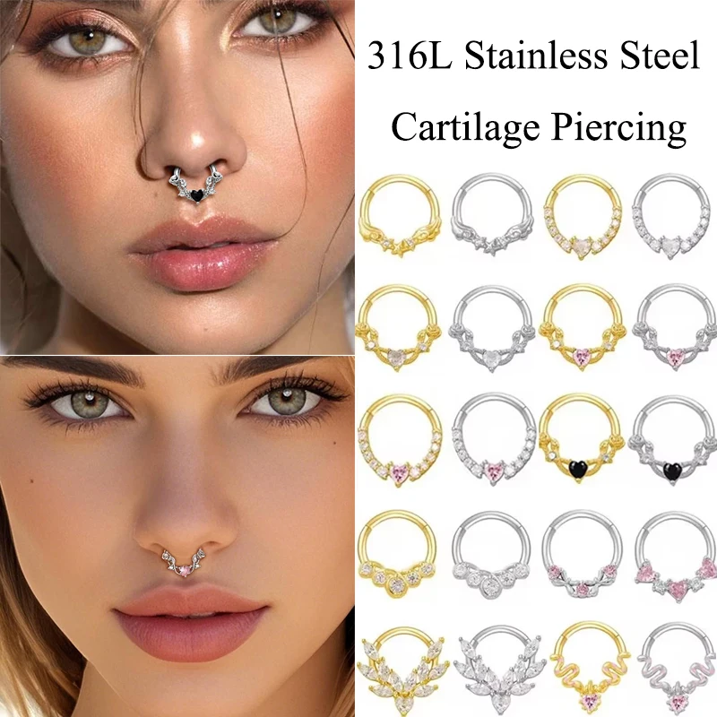 316L Stainless Steel CZ Segmented Hinged Nose Rings Septum Daith Helix Cartilage Ear Piercing Jewelry