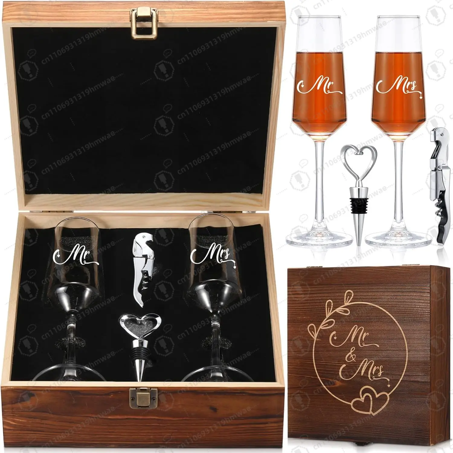 

Mr and Mrs Champagne Flutes Set of 2 with Engraved Wooden Box Wedding Gift for Couples Bridal Shower