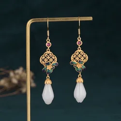 Traditional Jewellery New Luxury Enamel Golden Flower Women's Earrings Elegant Imitation Jade Earrings for Women Party Wedding