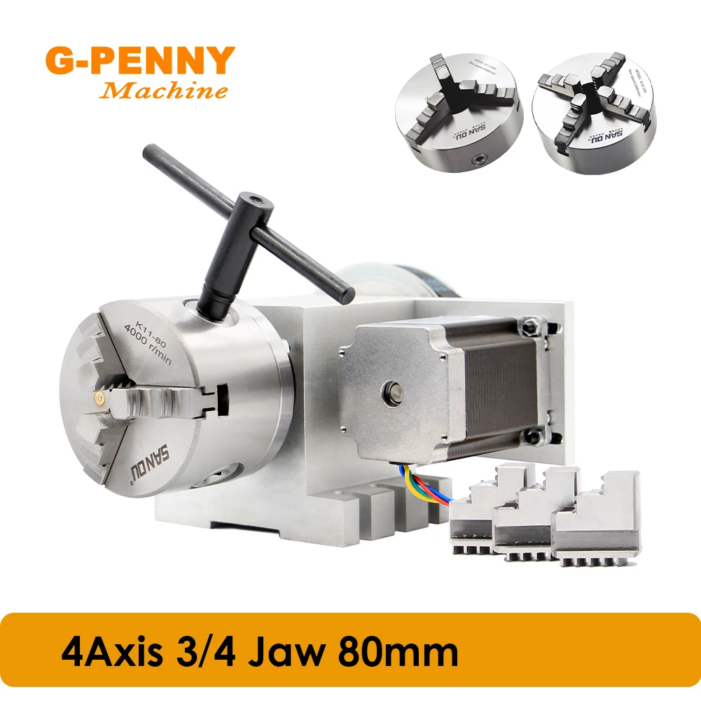 

4th Axis 3/4Jaw 80mm CNC Dividing head / Rotation Axis / A axis Nema23 57x76mm Stepper Motor For Mini CNC Engraver Machine