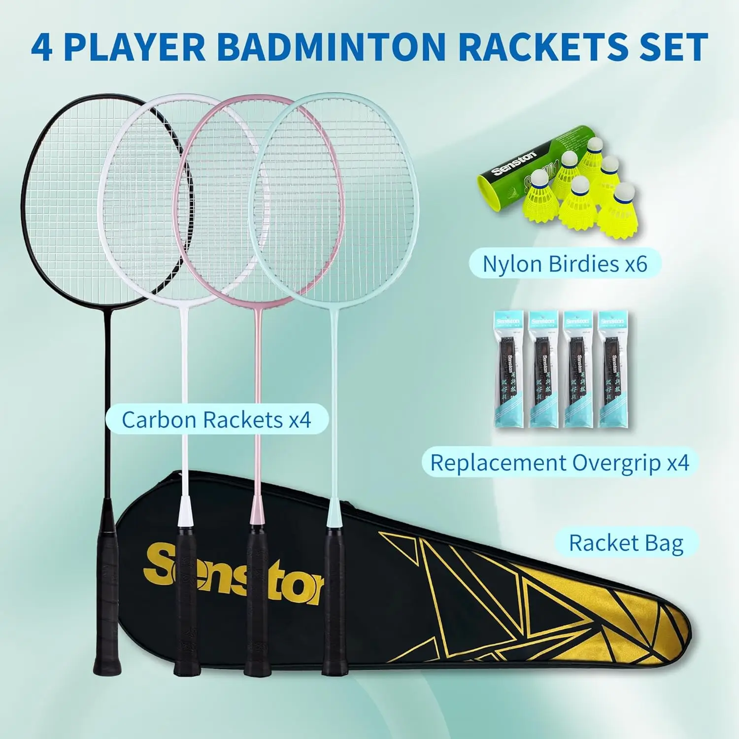 Professional Badminton Rackets Set of 4 with Carbon Fiber, Shuttlecocks, Grips & Bag for Backyard Games - Lightweight 90g