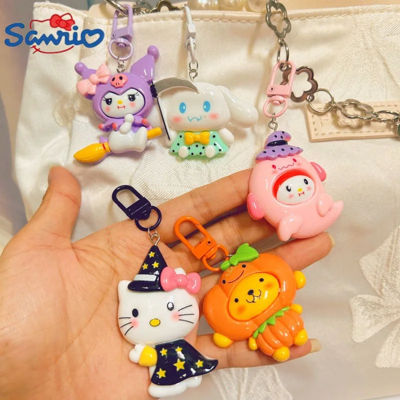 New Sanrio Halloween Hello Kitty Resin Keychain Anime Broom Kuromi Ghost My Melody Children Pendant Keyring Pompom Purin Gifts