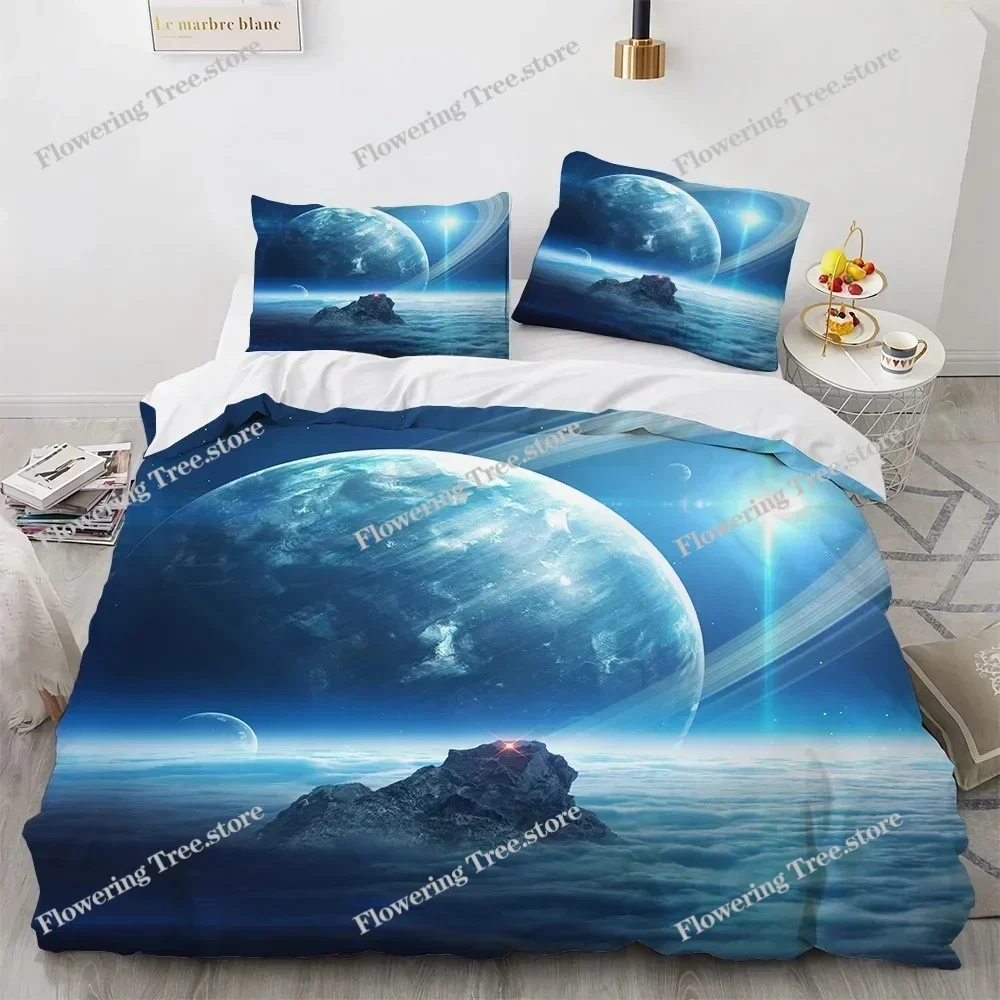 Galaxy Planet King Queen Duvet Cover Universe Sky Bedding Set 3D Blue Earth Outer Space Astronomy Polyester Quilt Cover029