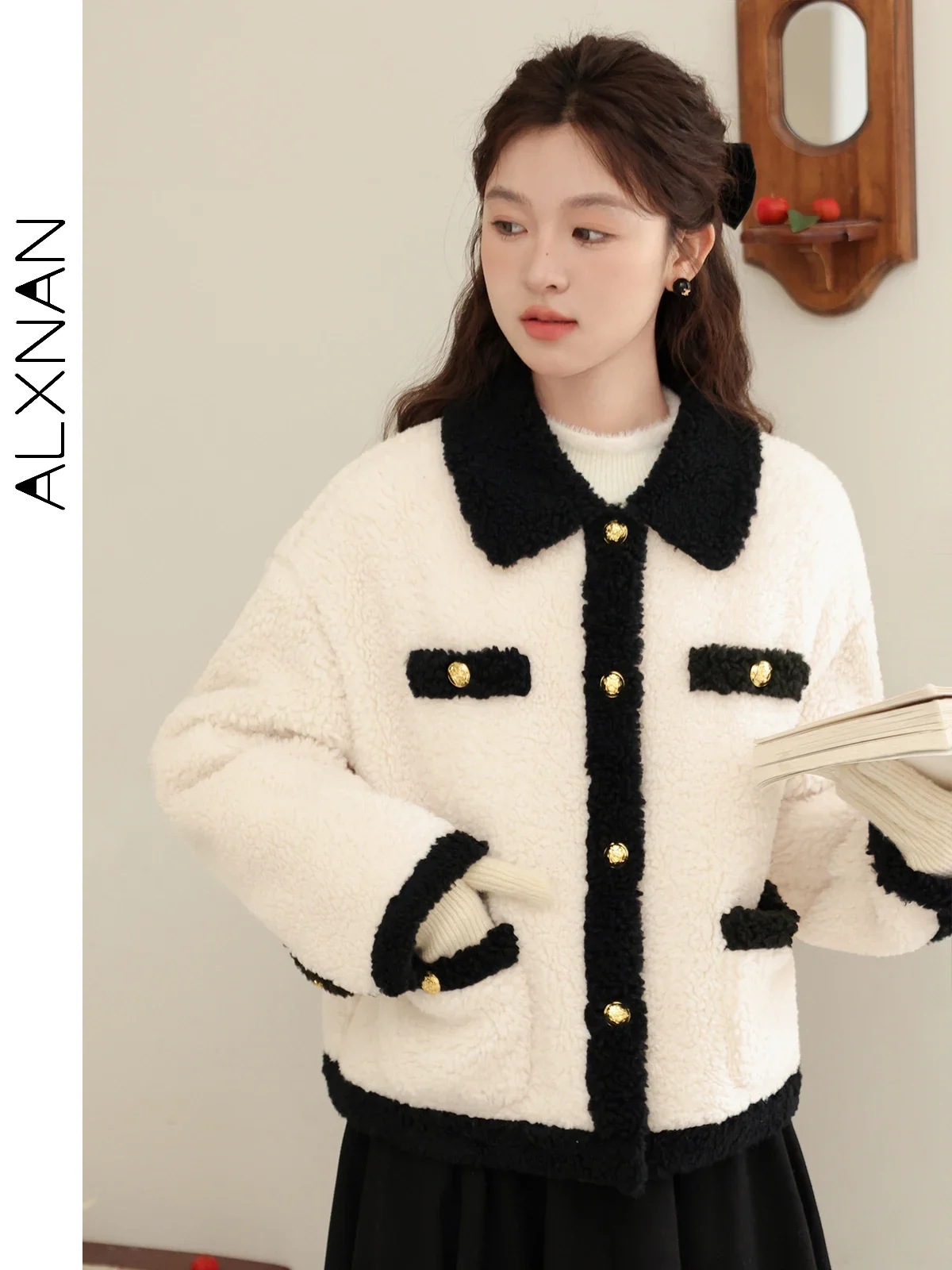 

ALXNAN Lamb Wool Coats for Women 2024 Autumn Winter New Elegant Lapel Collar Long Sleeve Loose Cropped Jacket Outerwear LXN32291