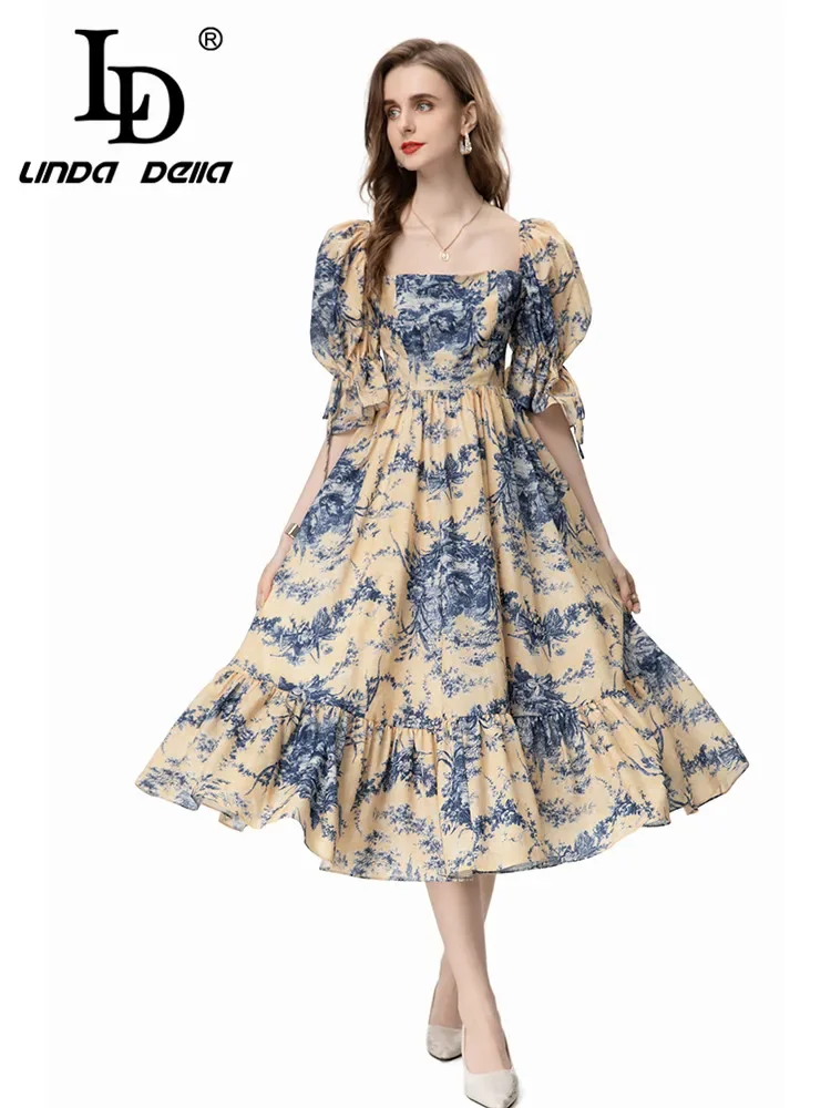 

LD LINDA DELLA Summer New Style Elegant Pretty Dress Women's Bohemian Print Puff Sleeve Lace Up Sashes Ruffle Hem Dresses