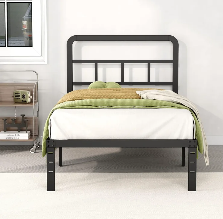 Base de Cama Individual Metálica con Cabecero, Estructura de Acero Resistente, Base para Colchón, Fácil Montaje, Silenciosa, Promueve las Ventas