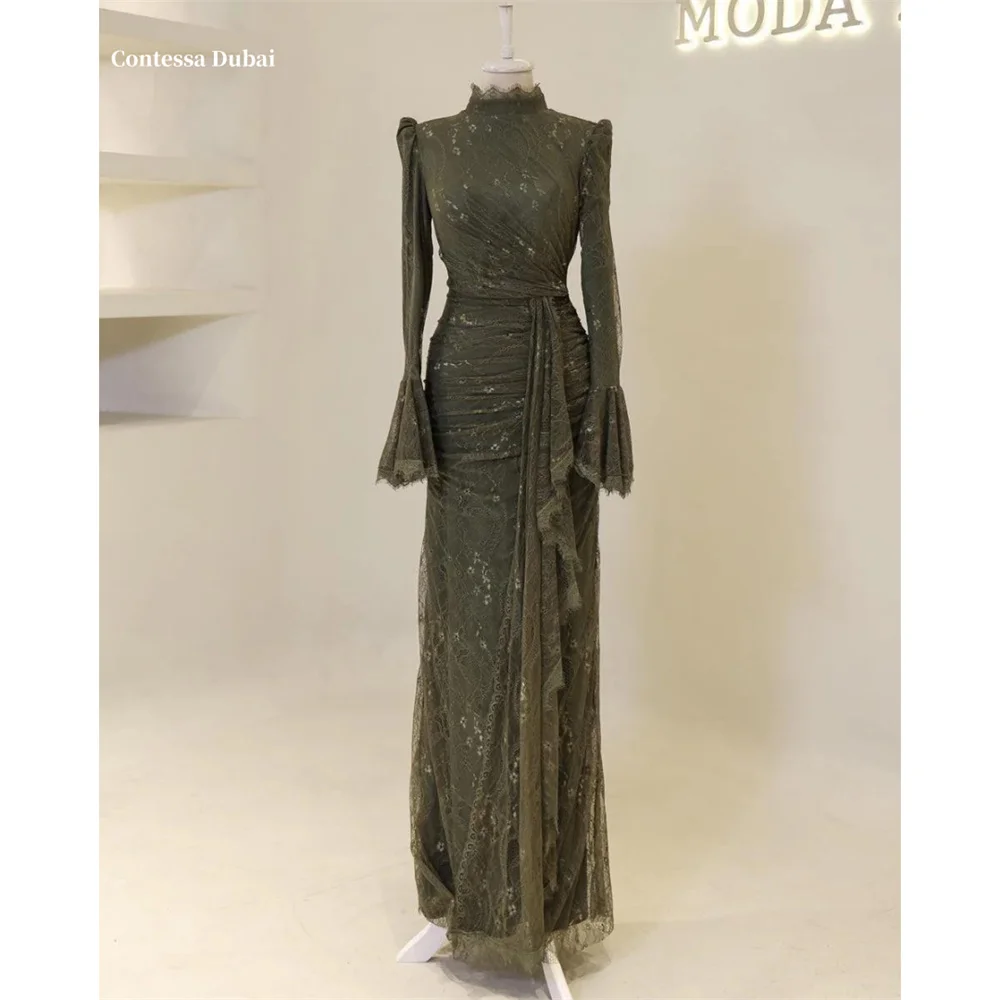 

Contessa Dubai Bell sleeves High Neck Lace Prom Dress Waist Pleatفساتين سهراتTight-Fitting Long TrainSrobes de soirée