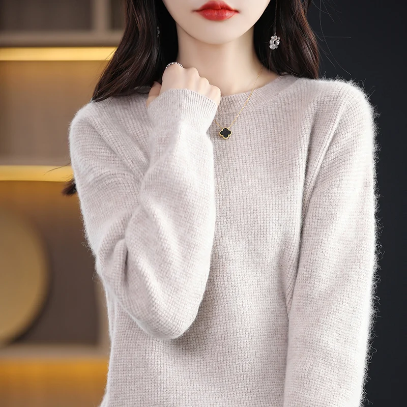 Lngot Needle Mink Cashmere Sweater Women\'s O-Neck Pullover Knit Loose Large Size Long Sleeve Autumn and Winter With Warm Base