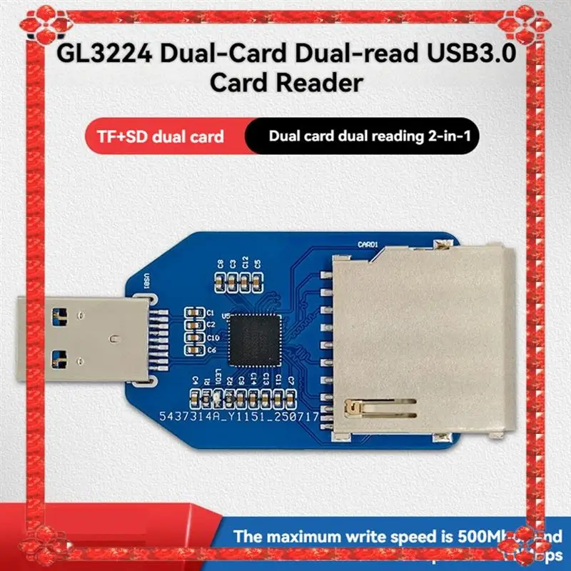 Módulo leitor usb3.0 com 24 horas, suporte para cartão sd + tf, 2 em 1, slot para cartão duplo, leitura integrada, chip gl3224, mini design