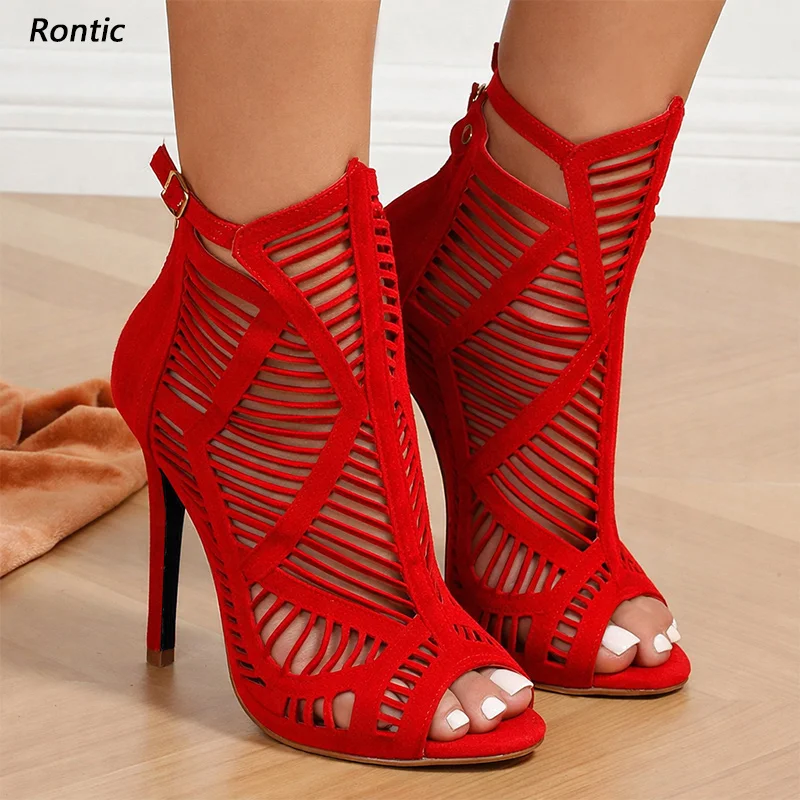 Rontic Handcrafted Hot Pink Laser Cut Ankle Boots - High Heel Open Toe Sandals for Women US Plus Size 5-20