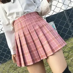 Kawaii Women Pink Plaid Pleated Skirts Sweet Preppy Style Summer Korean Fashion With Lining High Waist Short Mini A-line Skirt