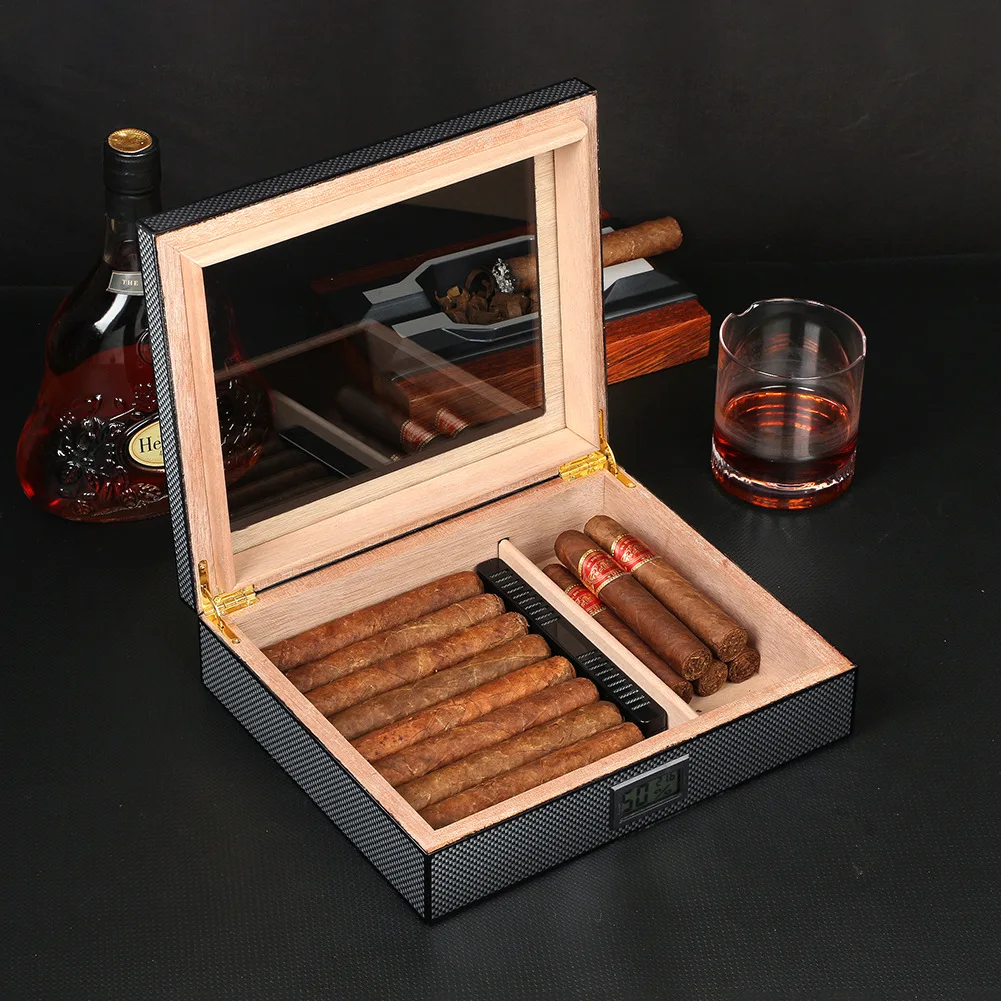 Humidor Cigar Box Portable Hygrometer Digital Humidifier Cigarette Case Luxury Solid Cedar Wooden Humidor Holds 20-25 Cigar