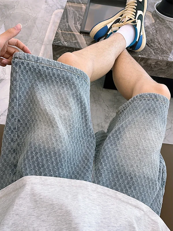 

Retro American Waed Denim orts Men's Textured Straight Leg Five-Point Pants Summer Thin f-Length Youth Casual orts