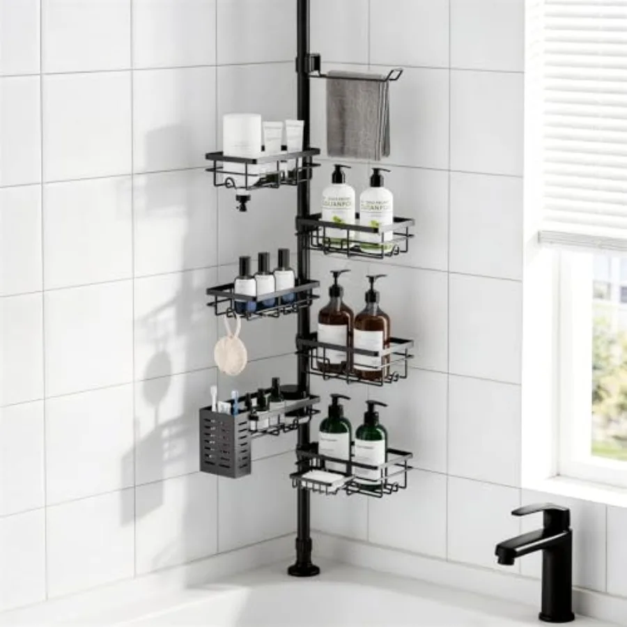 

Shower Caddy Organizer Tension Pole, Rustproof 6-Pack Corner Shelf with 30-120 Inch Adjustable Shower Rack for Inside Shower, E
