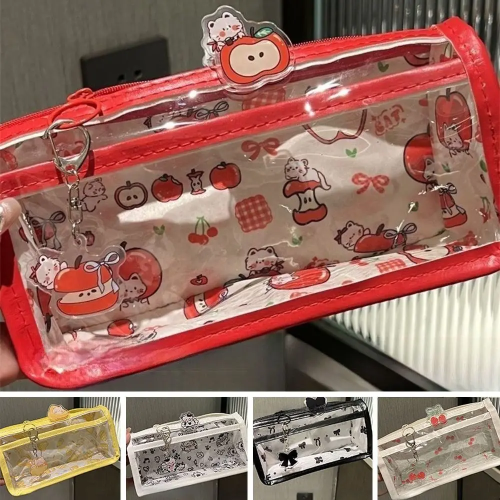 كارتون لطيف القط القوس مقلمة شفافة سعة كبيرة أكياس القلم طالب القرطاسية المنظم اللوازم المدرسية