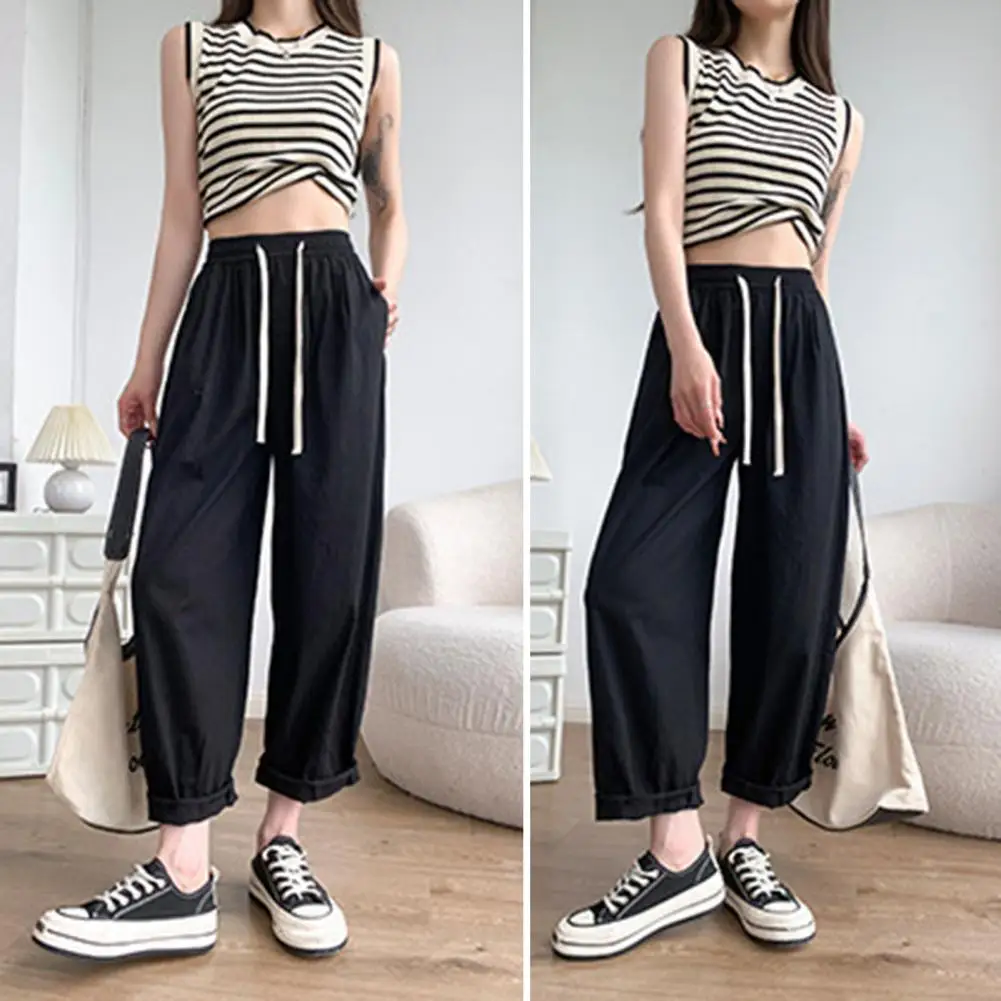 Women Casual Pants Harem Fit Trousers Solid Color Women's Harem Pants Wide Leg Trousers with Elastic Drawstring Waist Side